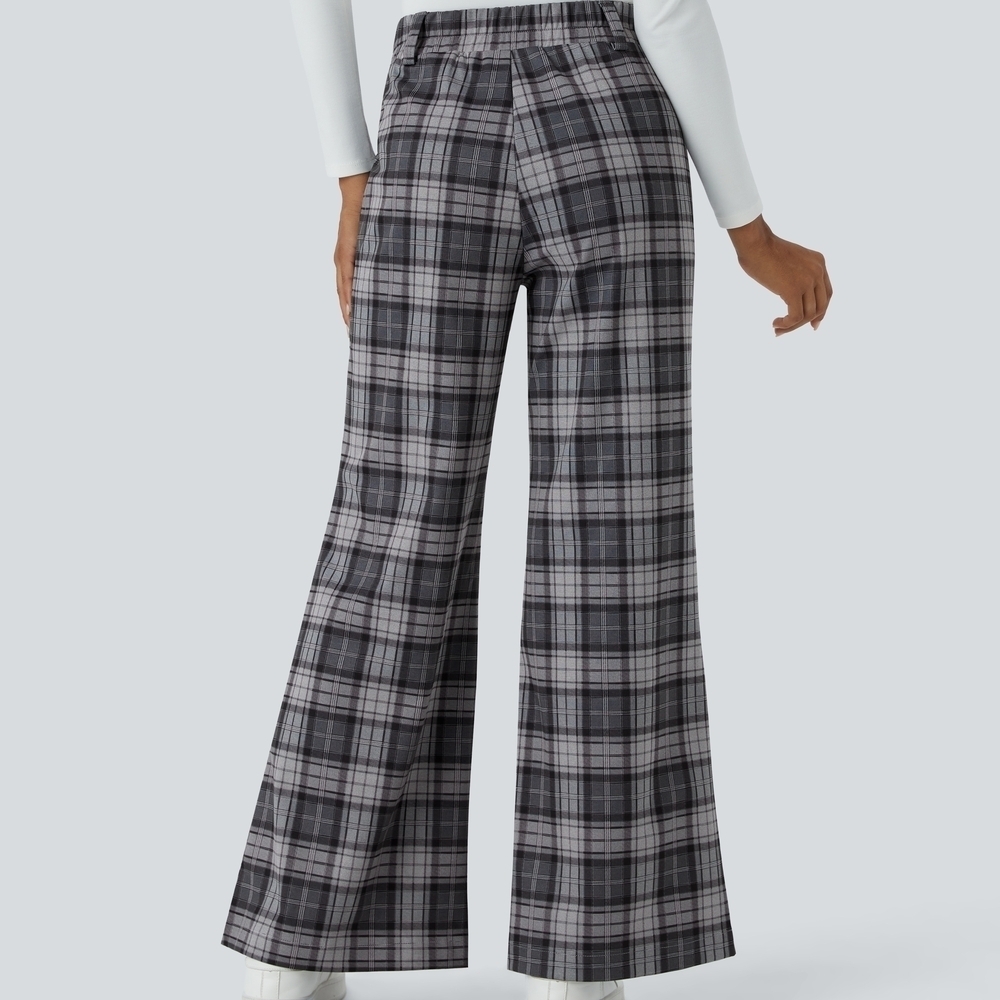 Plaid Wide-Leg Women's Pants Size M Gray Stretch High Waisted EUC